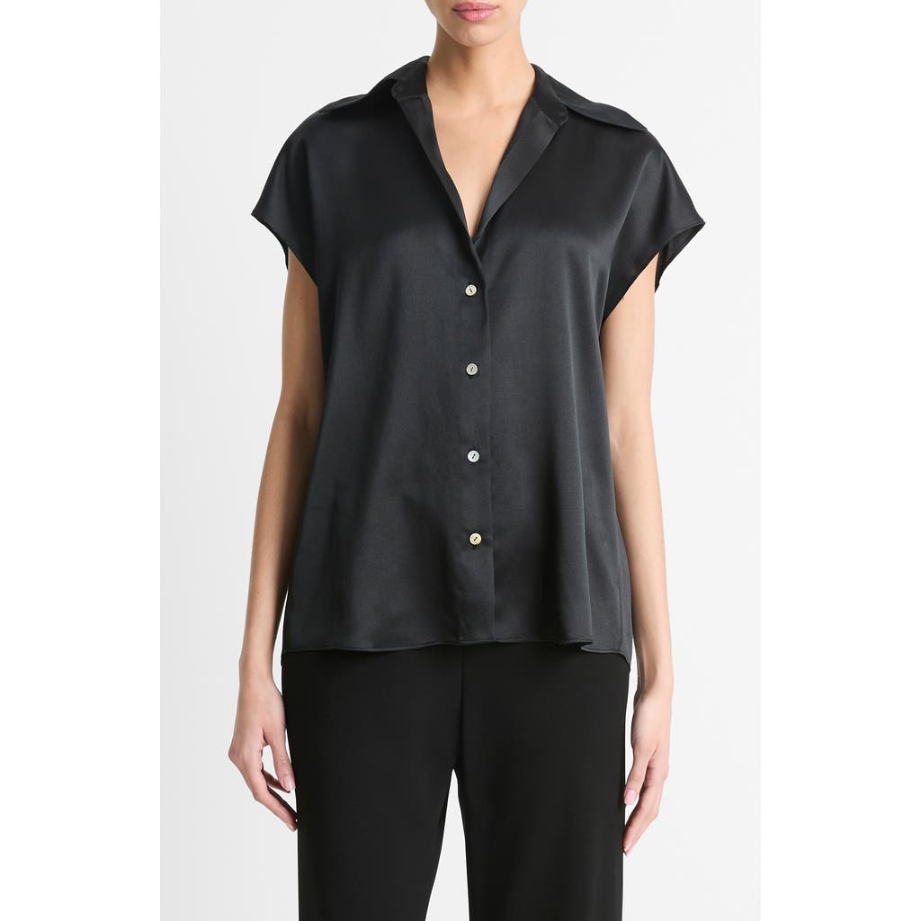 Vince Cap Sleeve Gathered Back Short Sleeve Silk Button-up Shirt