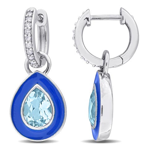 Topaz Blue Enamel Pear Halo Huggie Hoop Earrings