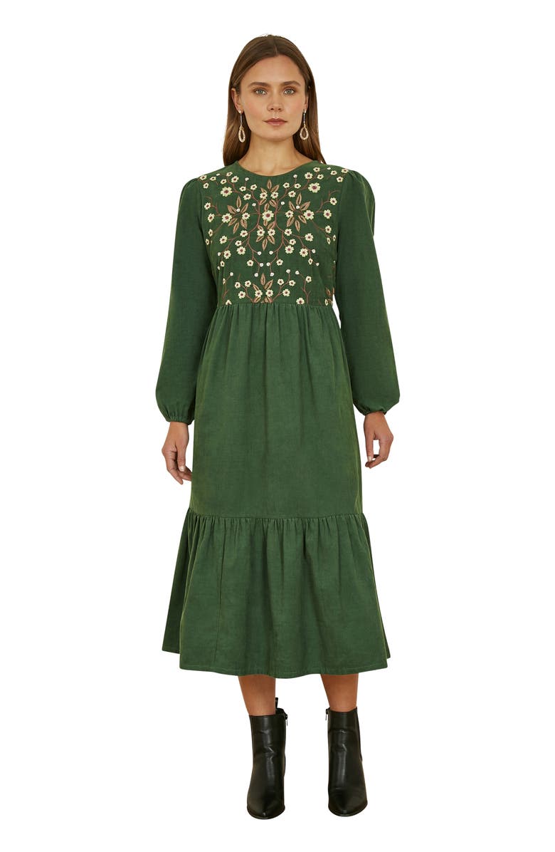 Yumi Long Sleeve Embroidered Midi Dress, Main, color, Green