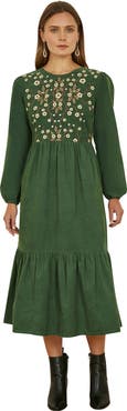 Yumi Long Sleeve Embroidered Midi Dress