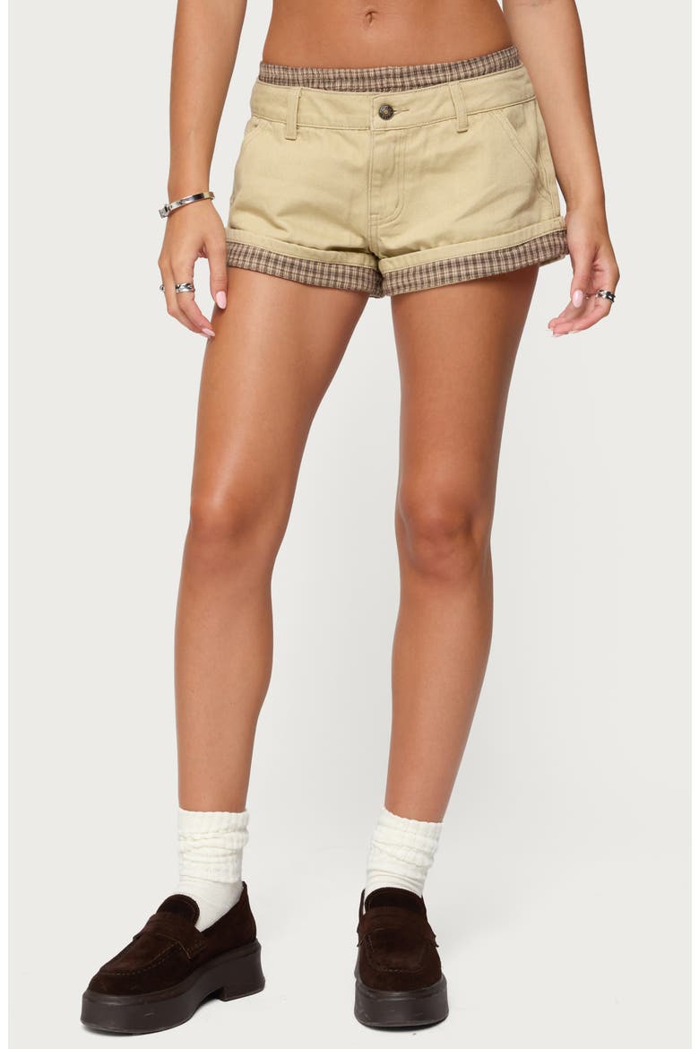 Peekaboo Plaid Boxer Detail Denim Shorts, Main, color, BEIGE