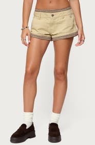 EDIKTED Peekaboo Plaid Boxer Detail Denim Shorts