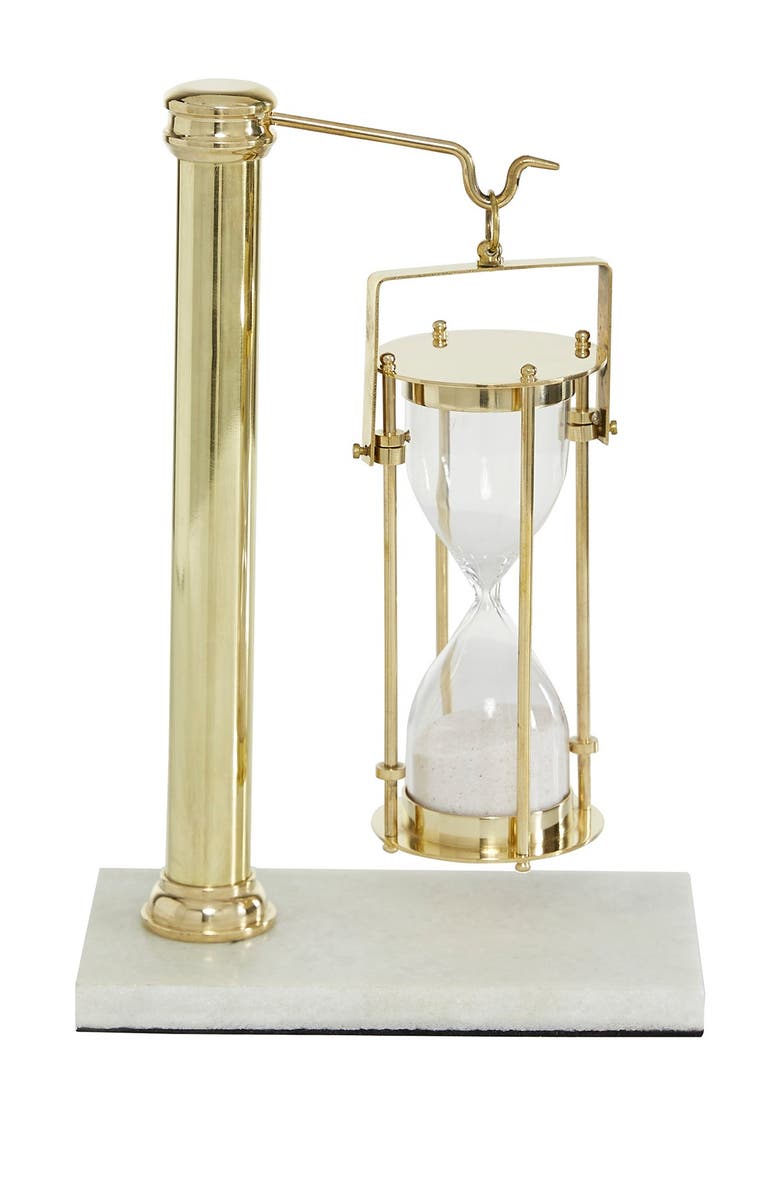 Novogratz Gold Brass Hanging Sand Timer on Rectangular White Marble Base, 7" x 11", Main, color,