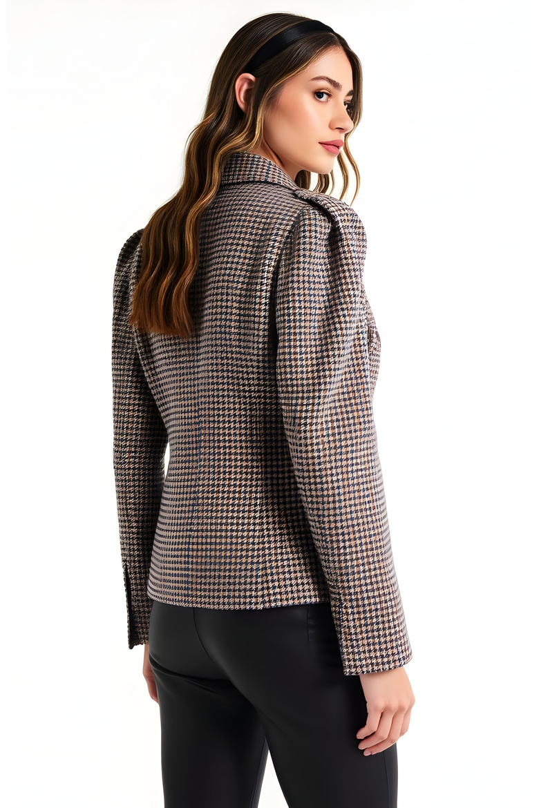 Houndstooth Blazer with Puff Shoulders, Notch Lapels and Single Button, Main, color, Brown/Beige Houndstooth