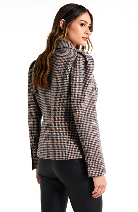 Houndstooth Blazer with Puff Shoulders, Notch Lapels and Single Button