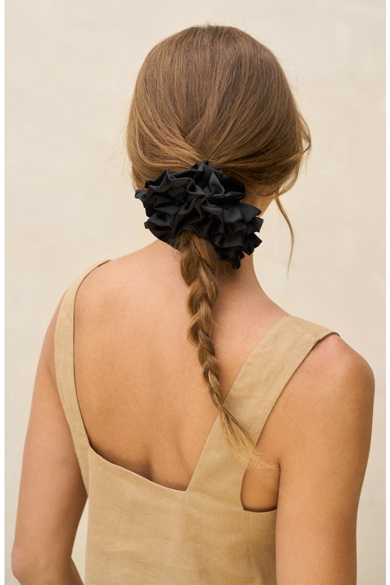 Satin Ruffle Scrunchie, Alternate, color, BLACK
