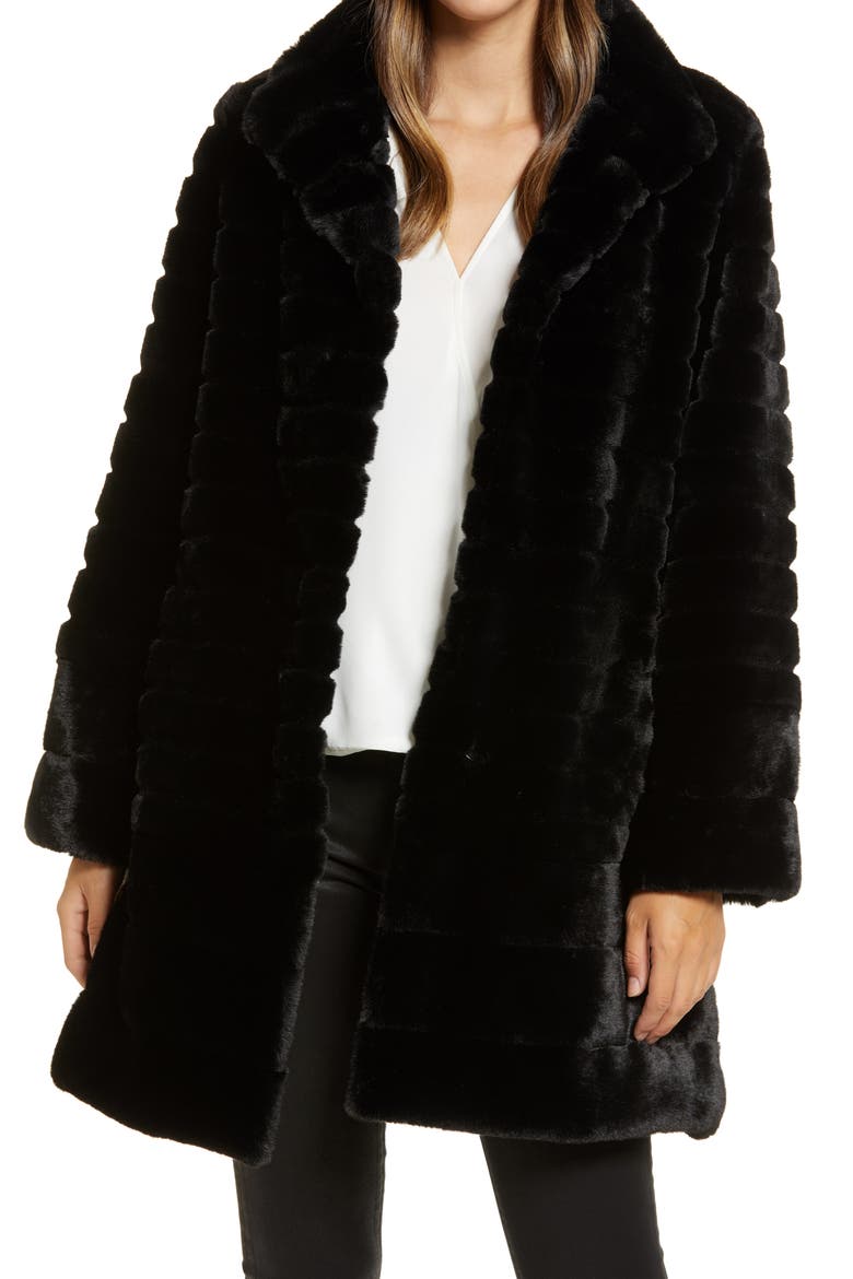 Grooved Faux Fur Walking Coat, Main, color, BLACK