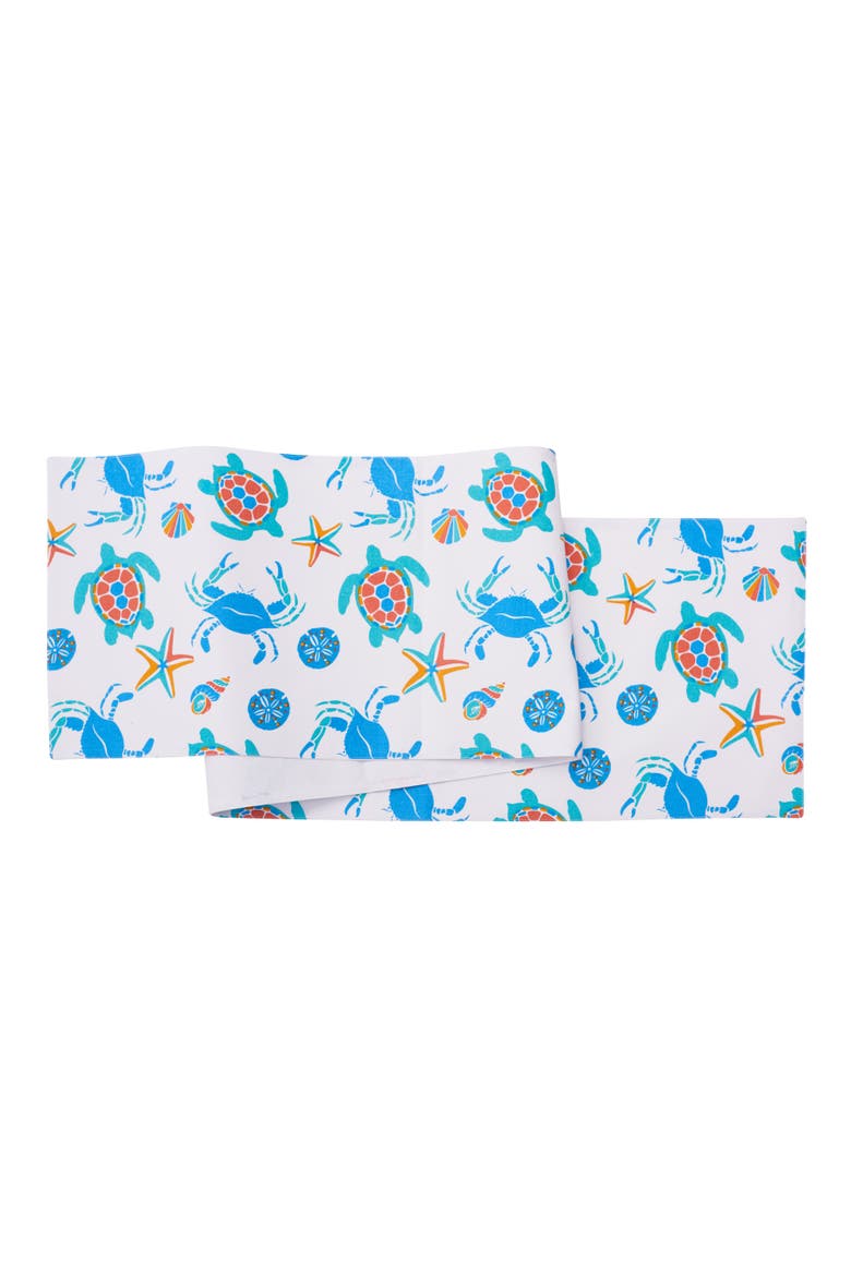 Caraway Coral Dining Table Runner 14" x 72" Blue Seaturtle Crab & Starfish Print, Main, color, Blue