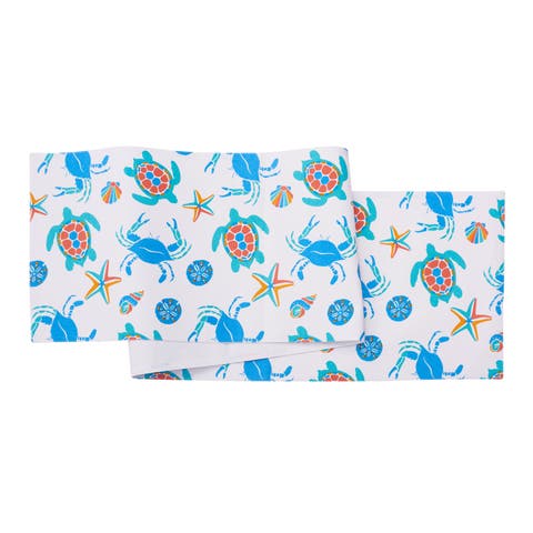 Caraway Coral Dining Table Runner 14" x 72" Blue Seaturtle Crab & Starfish Print