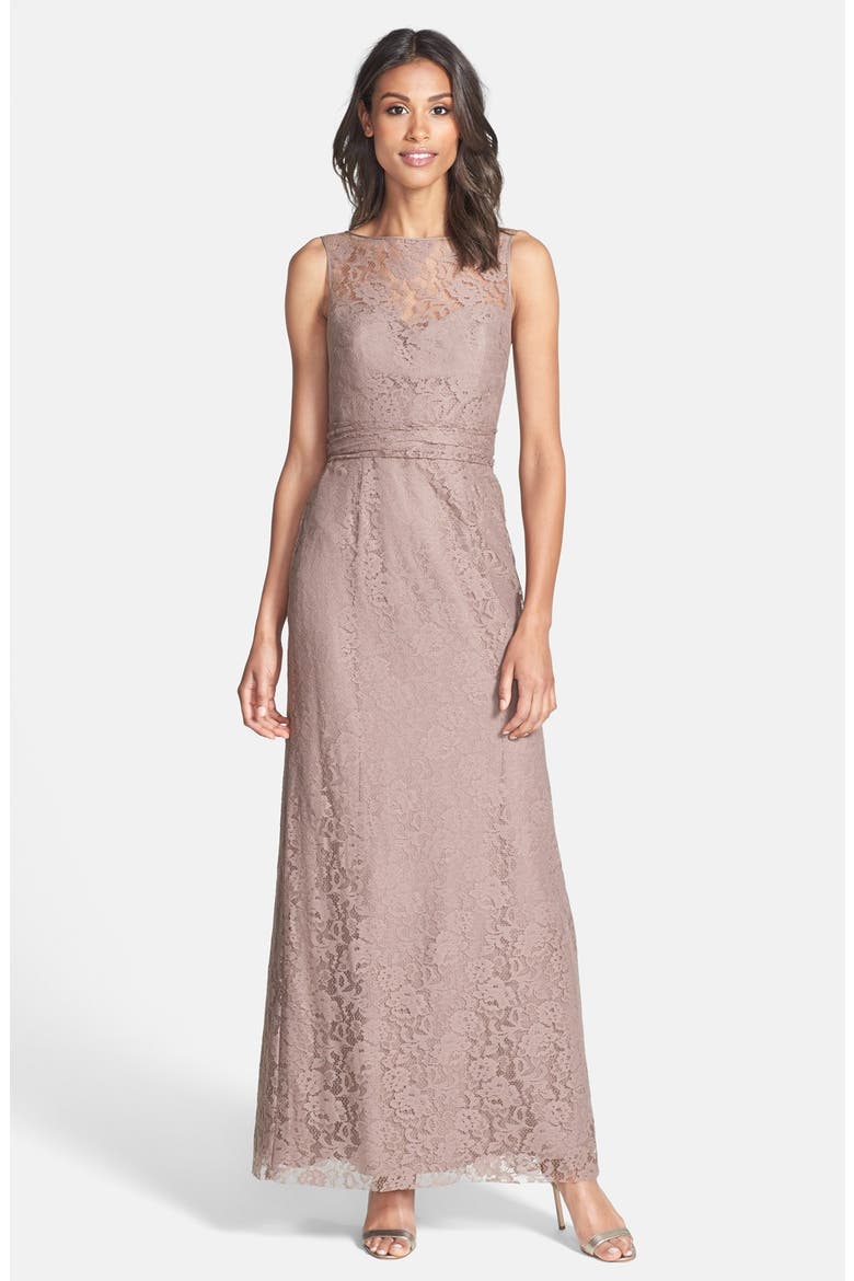 Illusion Yoke Lace Gown, Main, color, TRUFFLE