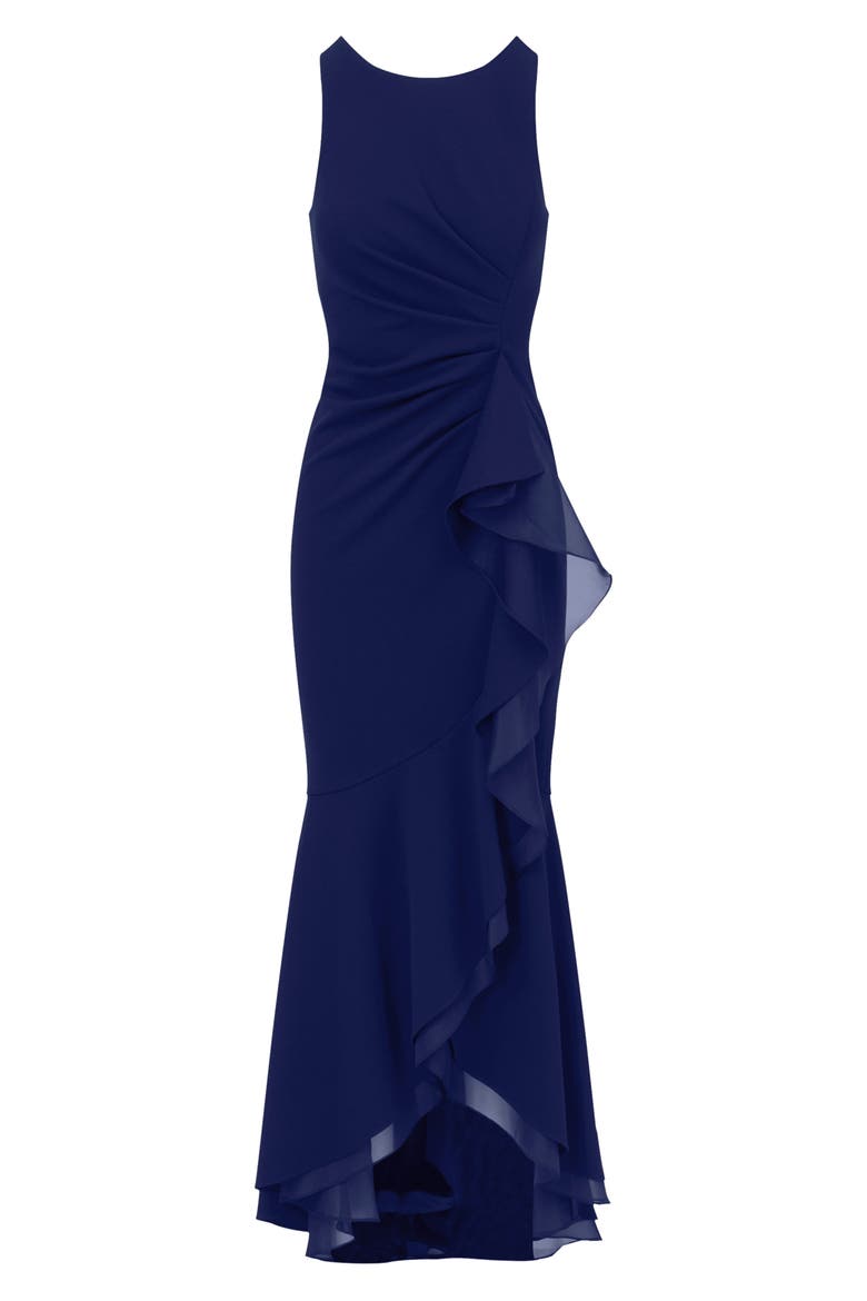 Ruffle Crepe Mermaid Gown, Alternate, color, NAVY SATEEN