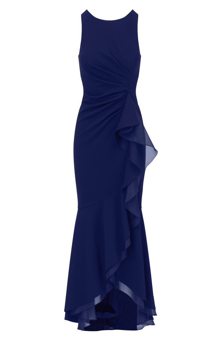 Adrianna Papell Ruffle Crepe Mermaid Gown, Alternate, color, Navy Sateen