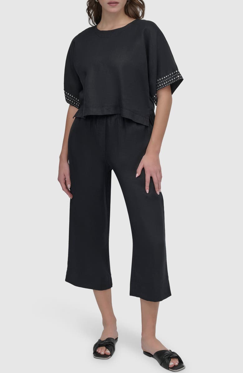 DKNY Studded Boxy Linen Top, Alternate, color, Black