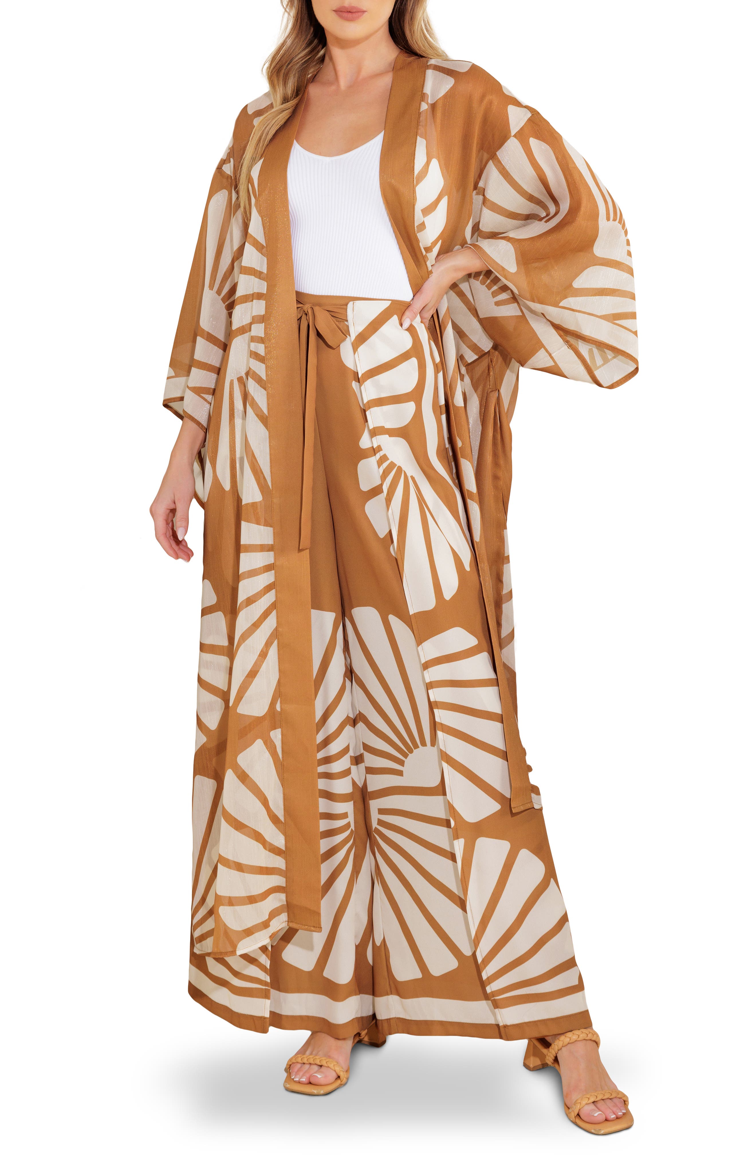 Printed Kimono & Wide Leg Pants Set
