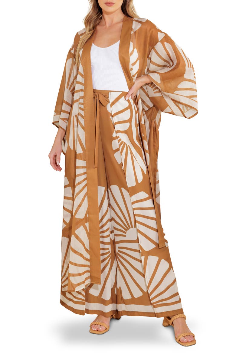 Printed Kimono & Wide Leg Pants Set, Main, color, BROWN/ IVORY