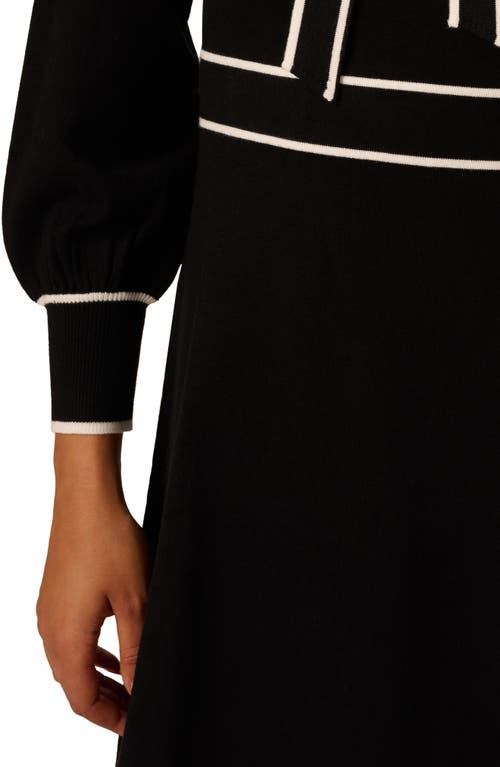 Adrianna Papell Tie Neck Long Sleeve Fit & Flare Sweater Dress In Blue