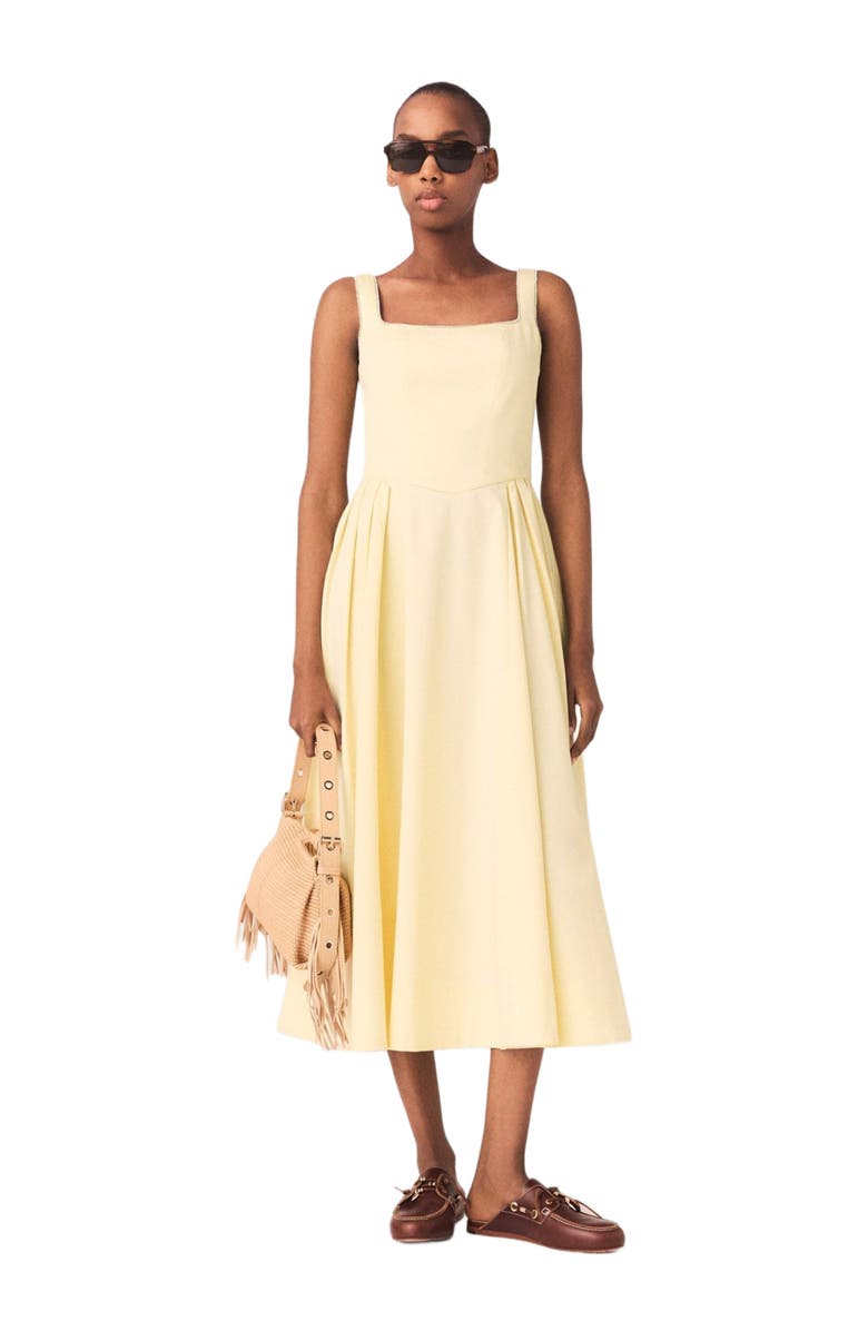 maje Flared rhinestone-trim midi dress, Main, color, Pale Yellow