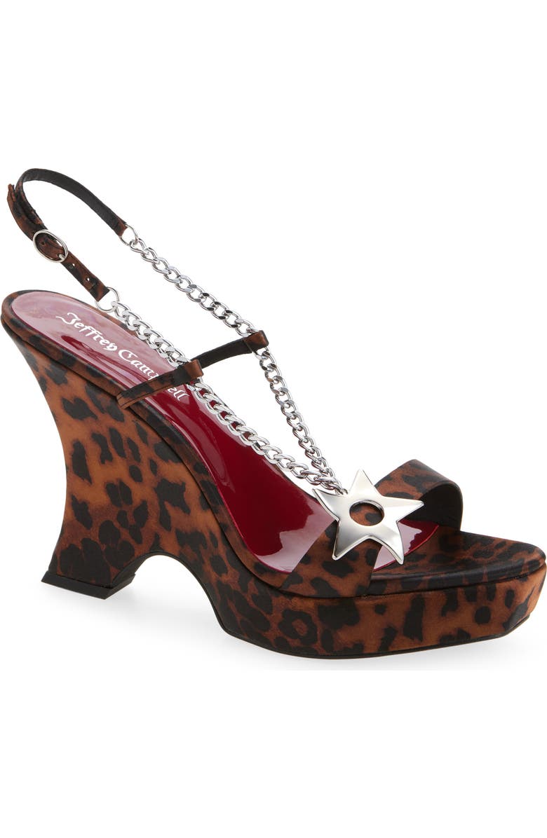 Jeffrey Campbell Hottie Slingback Wedge Satin Sandal, Main, color, Tan Cheetah Satin/ Silver