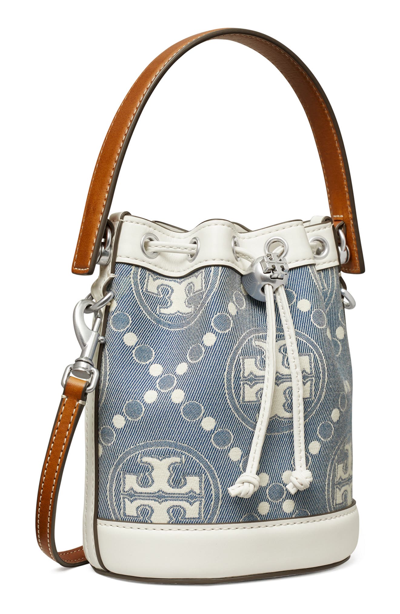 Tory Burch Mini T Monogram Denim Bucket Bag, Alternate, color, 
