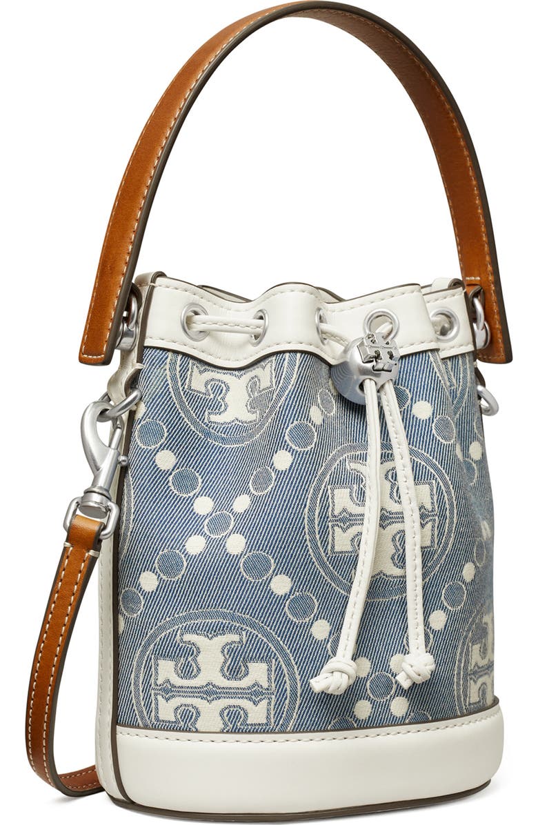 Tory Burch Mini T Monogram Denim Bucket Bag, Alternate, color,