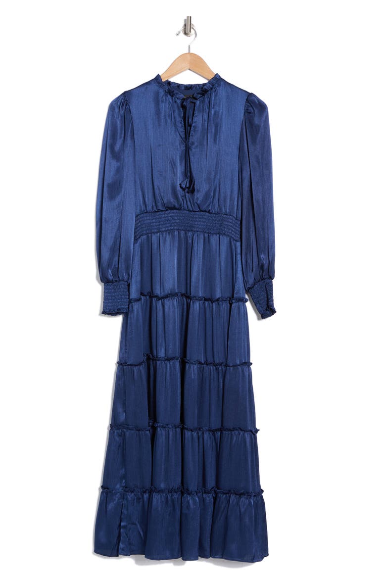 Satin Long Sleeve Tiered Maxi Dress, Alternate, color, MYSTIC NAVY