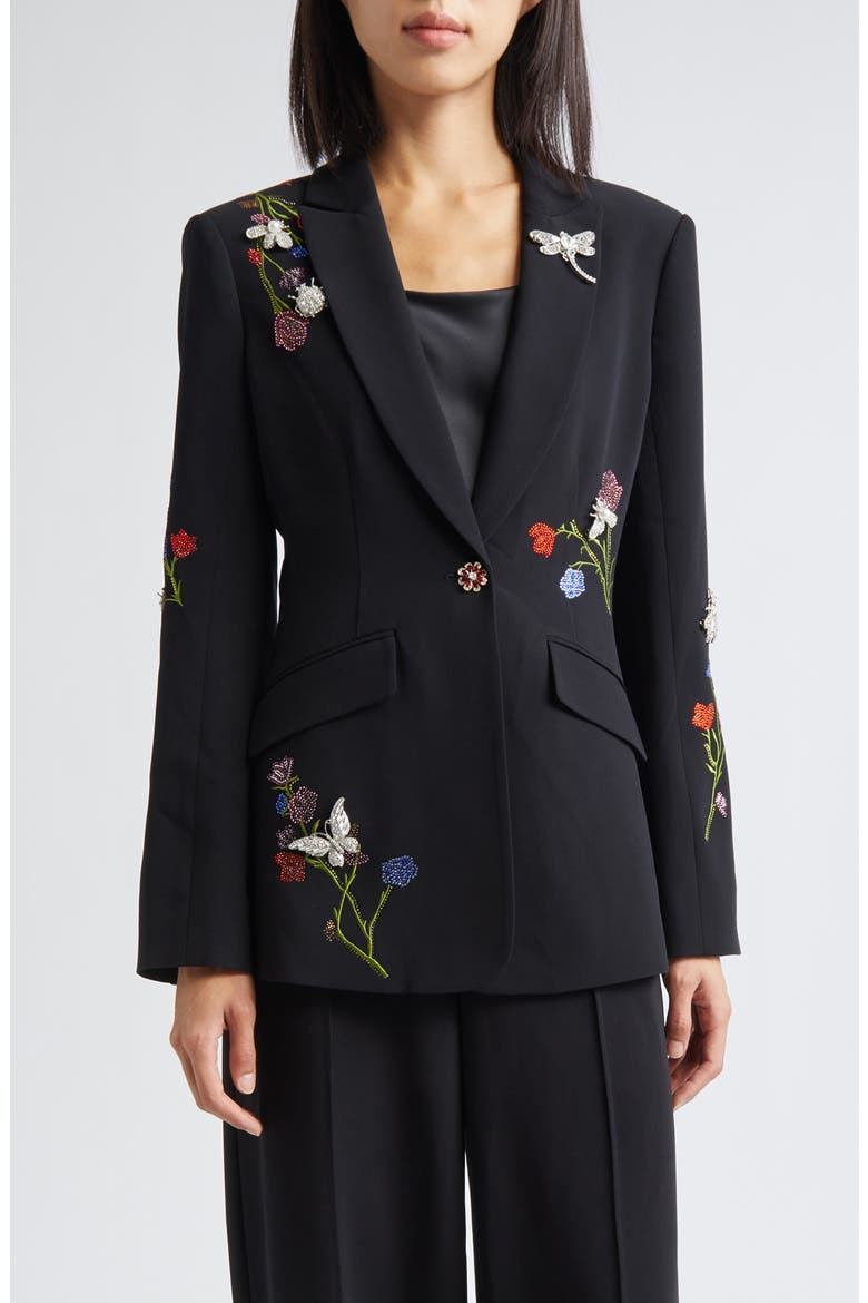 Whispering Vines Floral Embellished Blazer, Main, color, BLACK