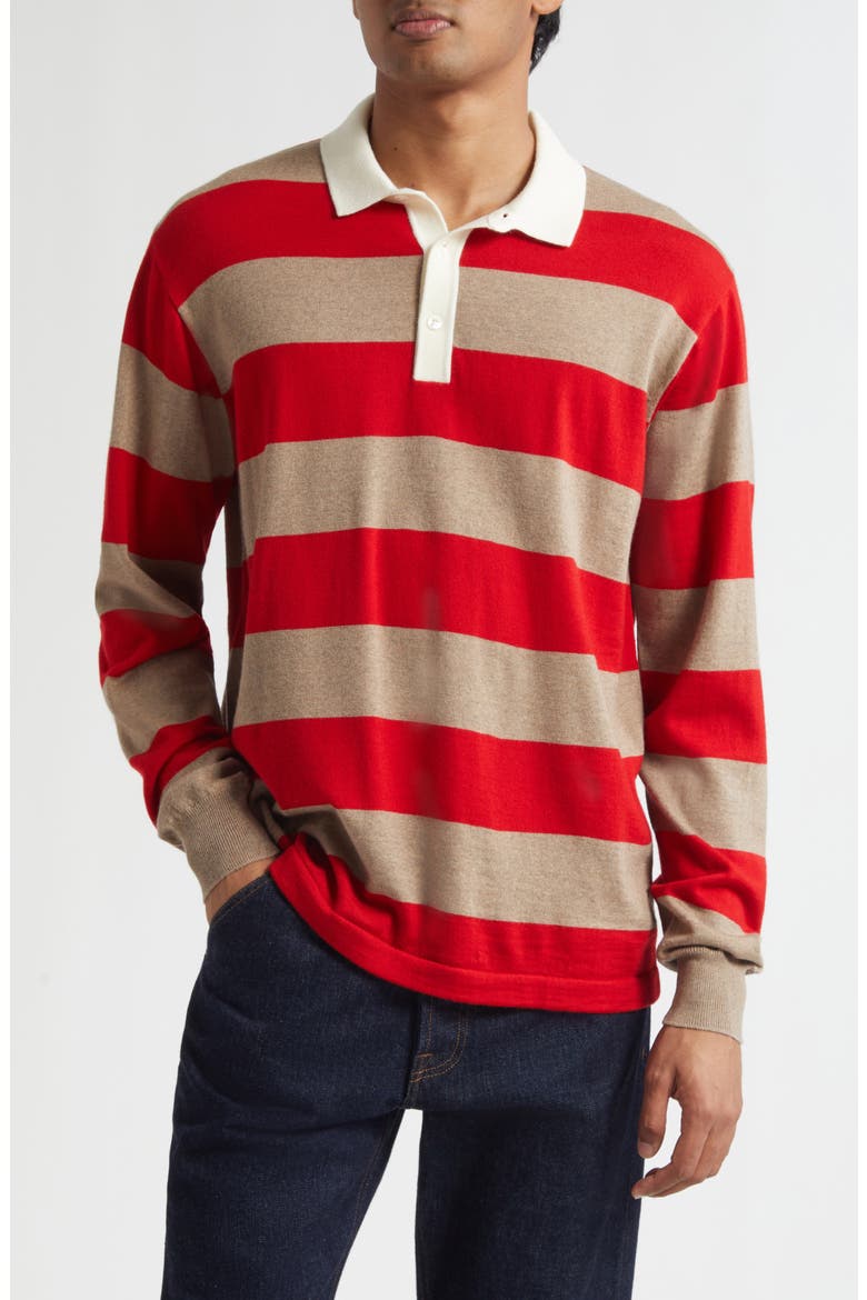 Block Stripe Long Sleeve Rugby Polo Sweater, Main, color, RED CAMEL