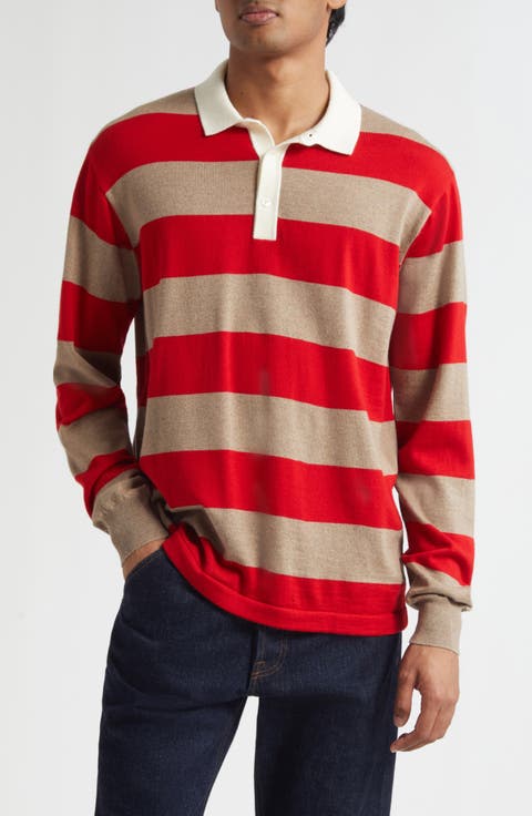 Block Stripe Long Sleeve Rugby Polo Sweater