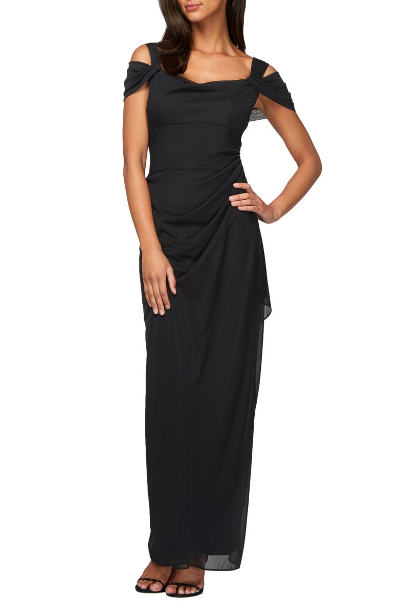 Alex Evenings Cold Shoulder Ruffle Gown, Alternate, color, Black