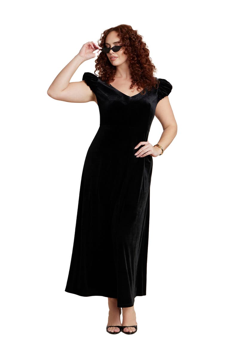 ELOQUII Velvet Short Puff Sleeve Maxi Dress, Main, color, Black Onyx