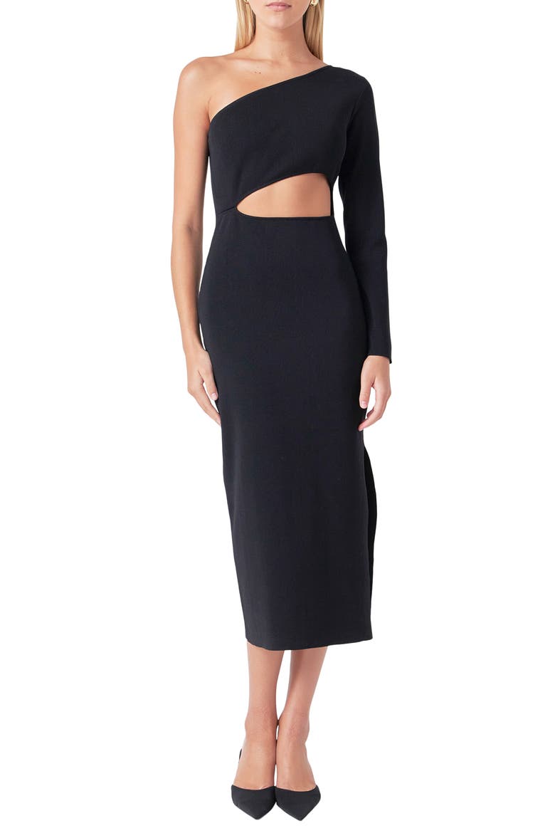 One-Shoulder Cutout Knit Midi Dress, Main, color, BLACK