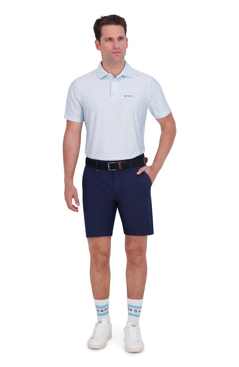 Ben Sherman Checkered Print Stretch Tech Polo, Alternate, color, Light Blue