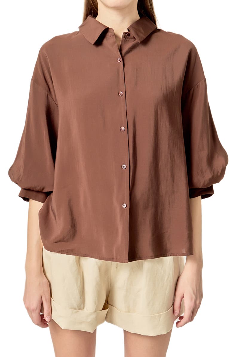 English Factory Balloon Sleeve Button-Up Shirt, Main, color, Chocolate Brown
