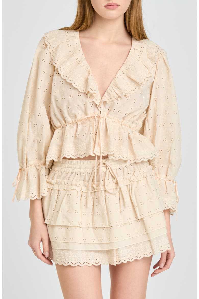 Sophia Eyelet Lace Trim Babydoll Crop Top, Main, color, BEIGE