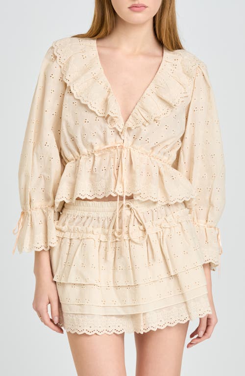 WAYF Sophia Eyelet Lace Trim Babydoll Crop Top in Beige at Nordstrom, Size Medium