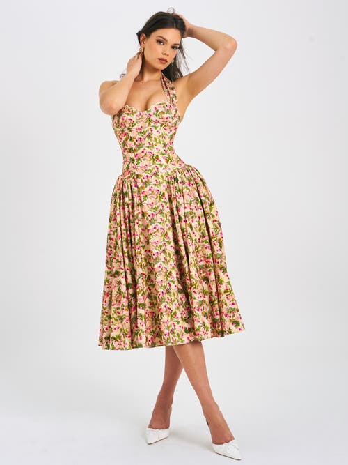 Miss Circle Niya Floral Print Linen Halter Corset Maxi Dress In Brown