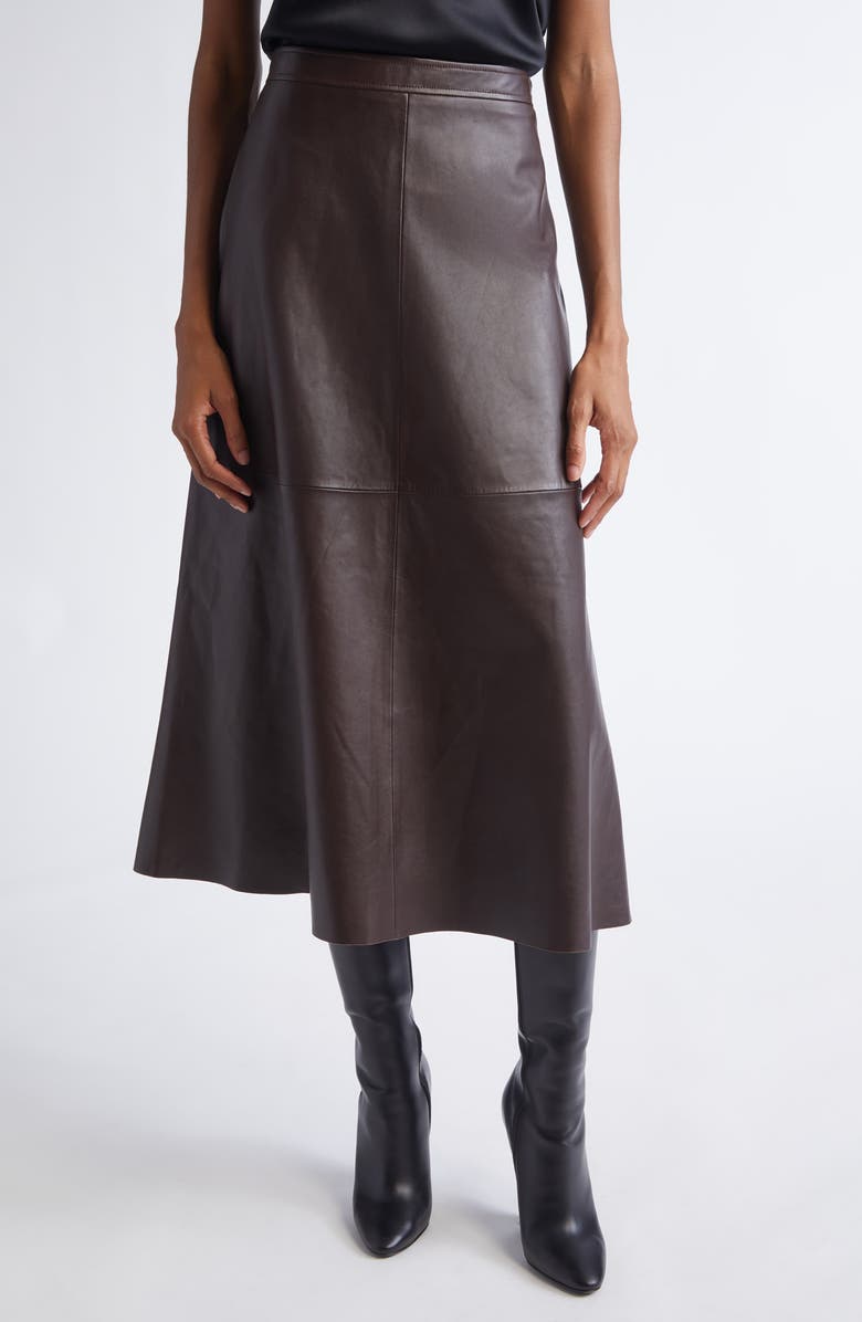 ST. JOHN Soft Luxe Napa Leather A-Line Midi Skirt, Main, color, Mahogany