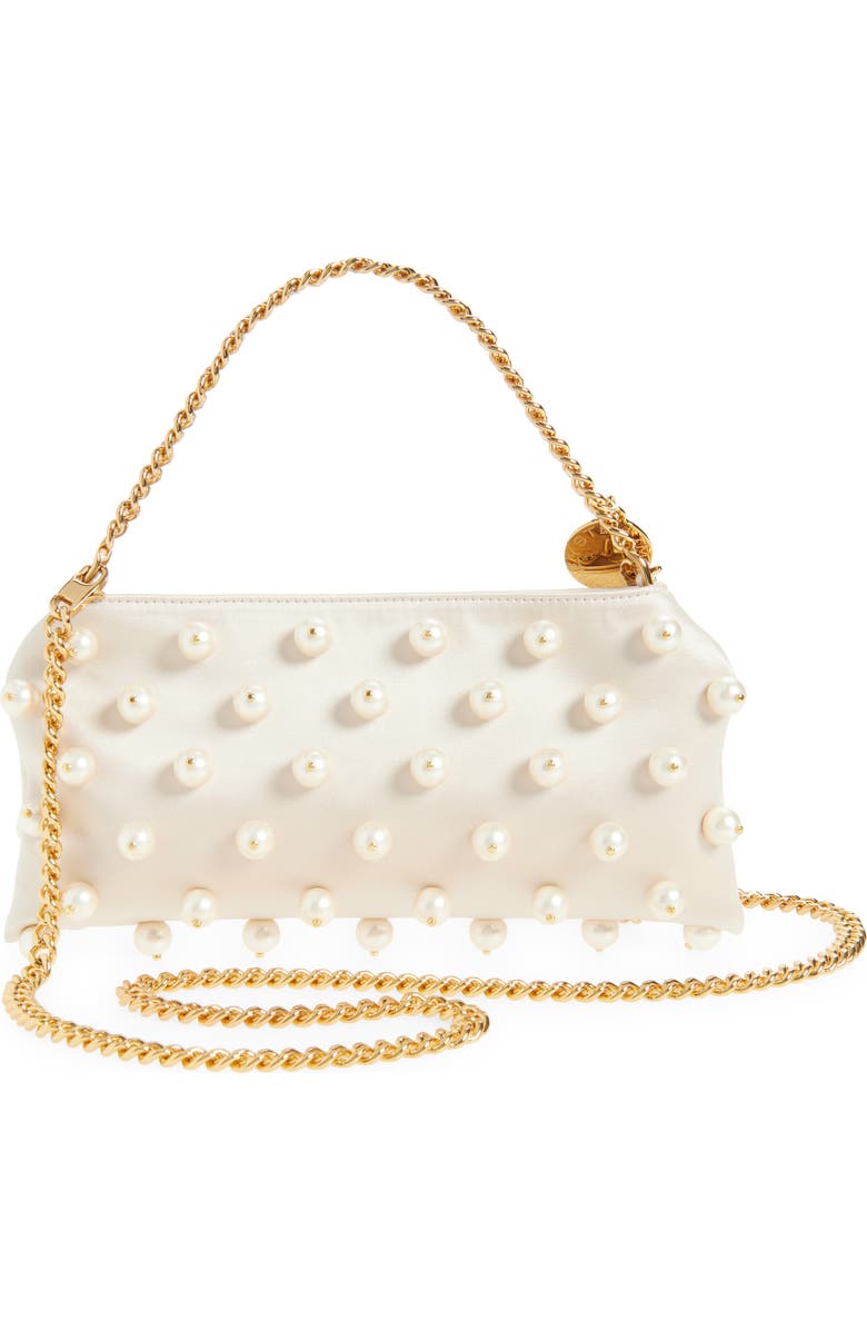 Stella McCartney Mini Falabella Pearly Bead Embellished Satin Evening Bag, Alternate, color, Pure White