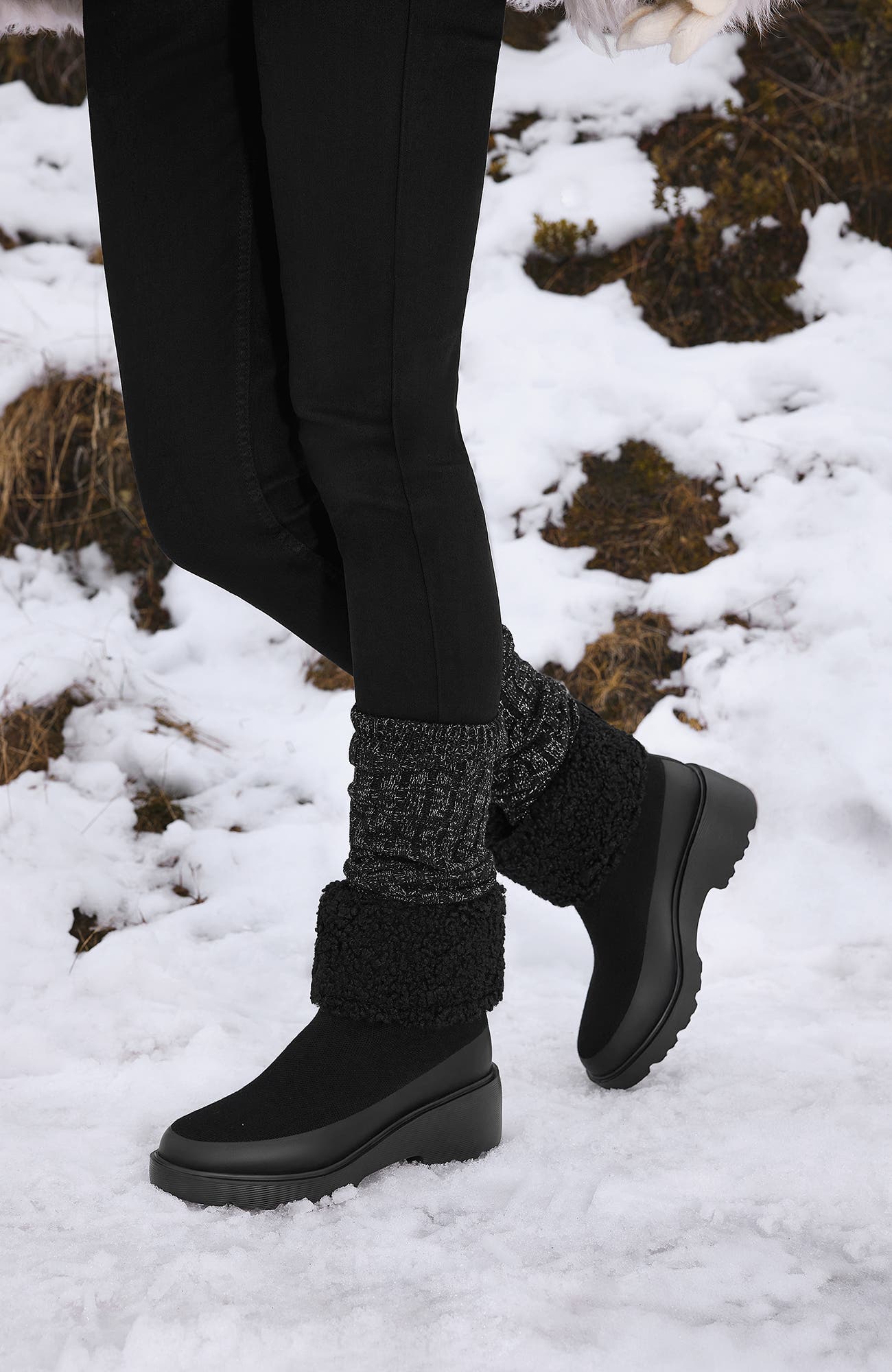 Faux Fur Platform Chunky Wedge Boots, Alternate, color, Black