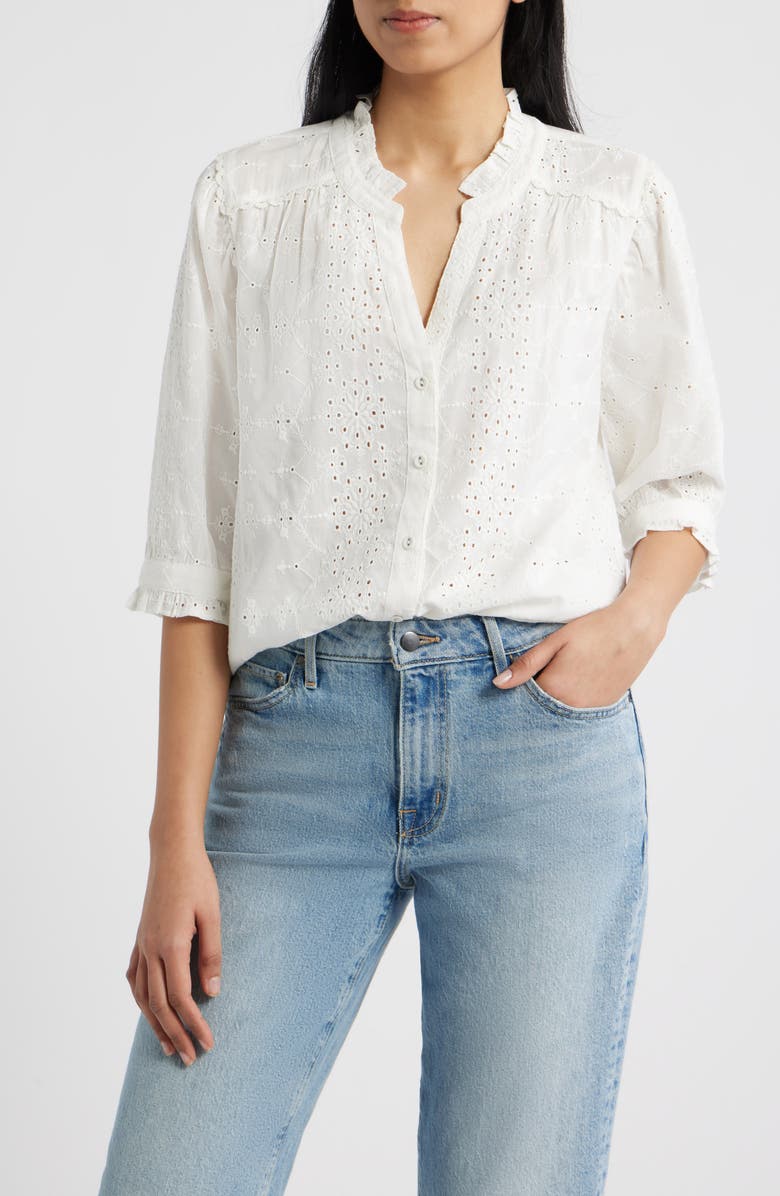 Wit & Wisdom Ruffle Collar Eyelet Button-Up Shirt, Main, color, Off White
