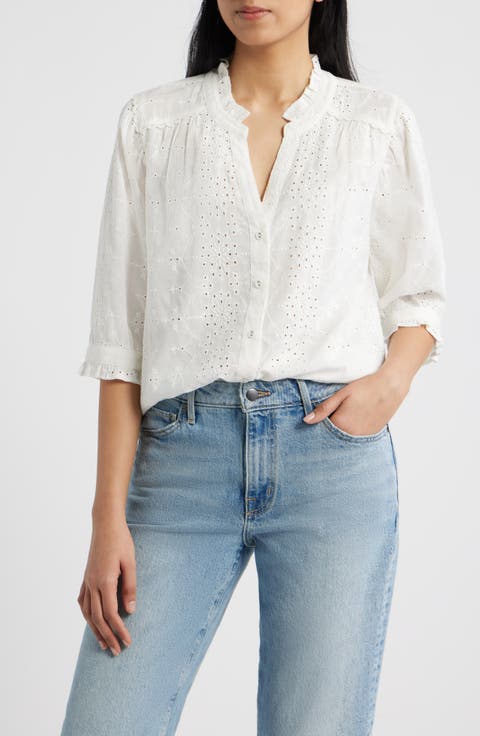 Ruffle Collar Eyelet Button-Up Shirt