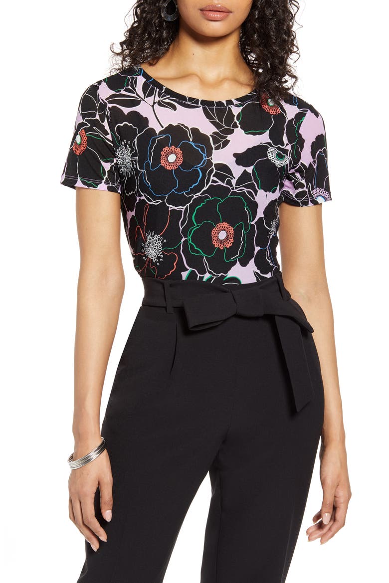 Mesh Short Sleeve Crewneck Top, Main, color, PURPLE BLACK JOHANA FLORAL