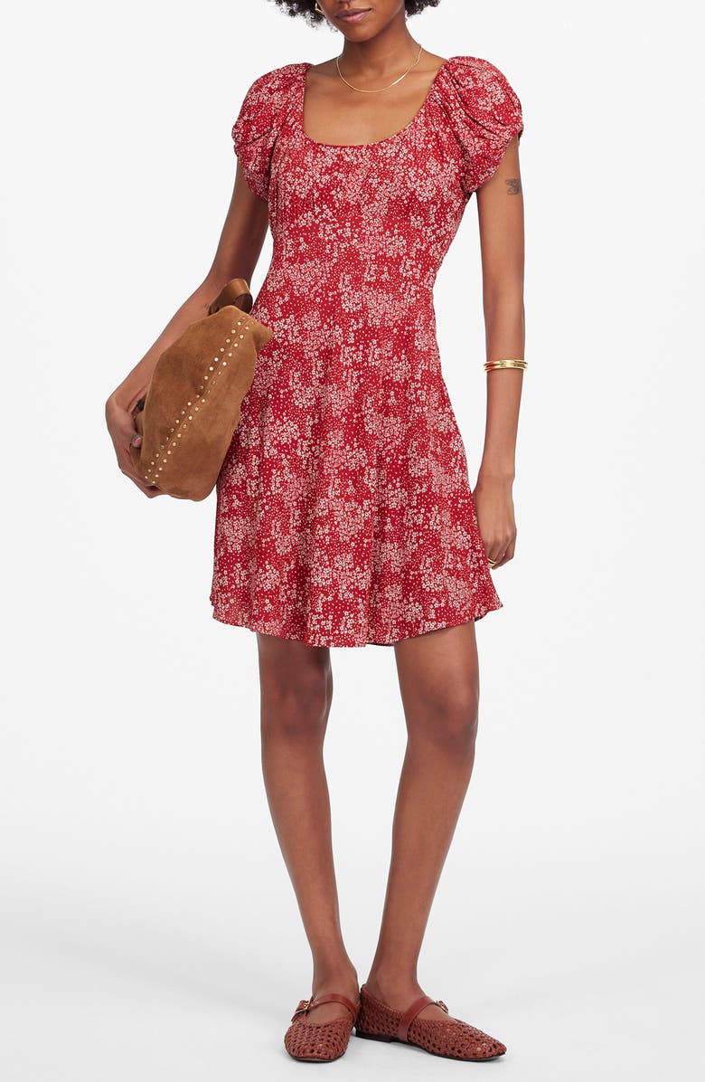 Madewell Floral Ruched Scoop Neck Minidress, Main, color, Harper Floral Red White