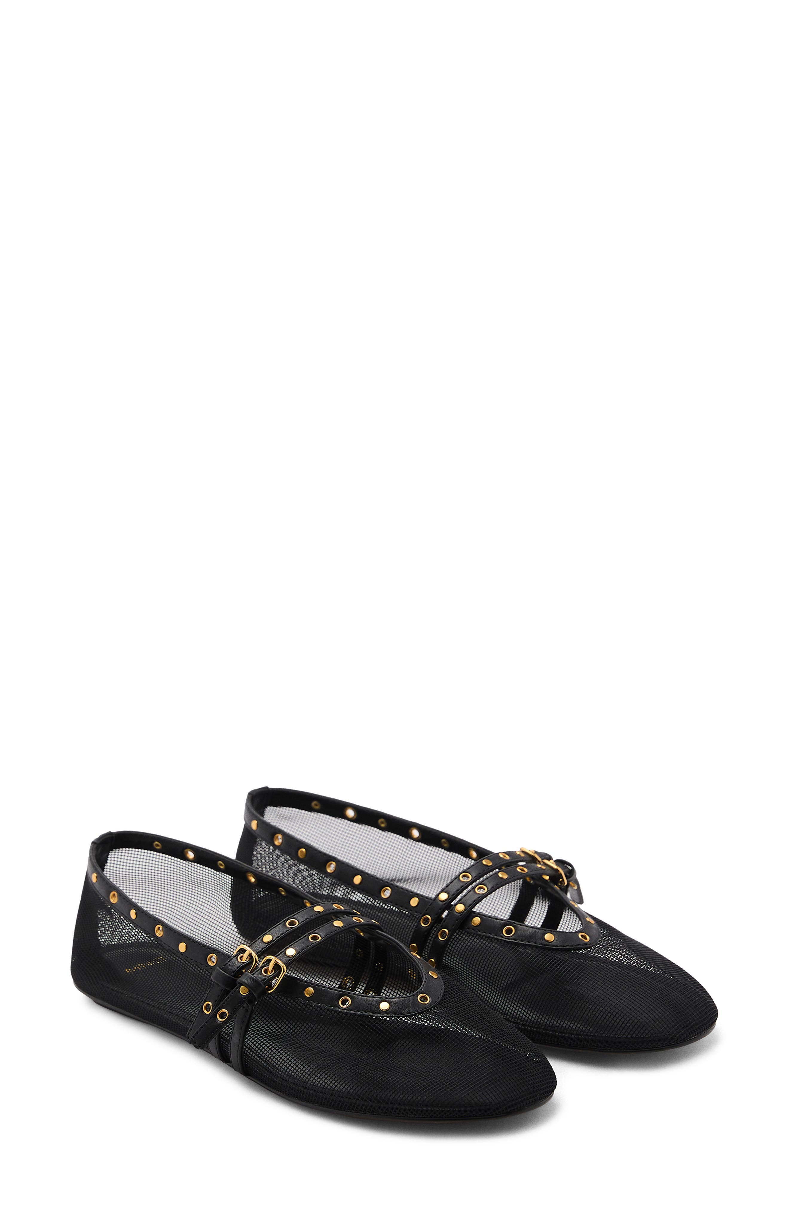 MANGO Studded Buckle Strap Mesh Ballet Flat, Main, color, Black