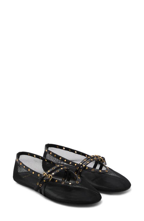 Studded Buckle Strap Mesh Ballet Flat (Women)