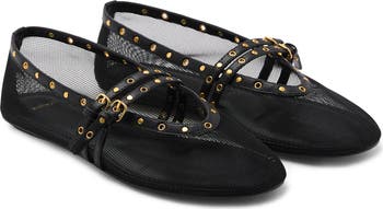 Studded Buckle Strap Mesh Ballet Flat