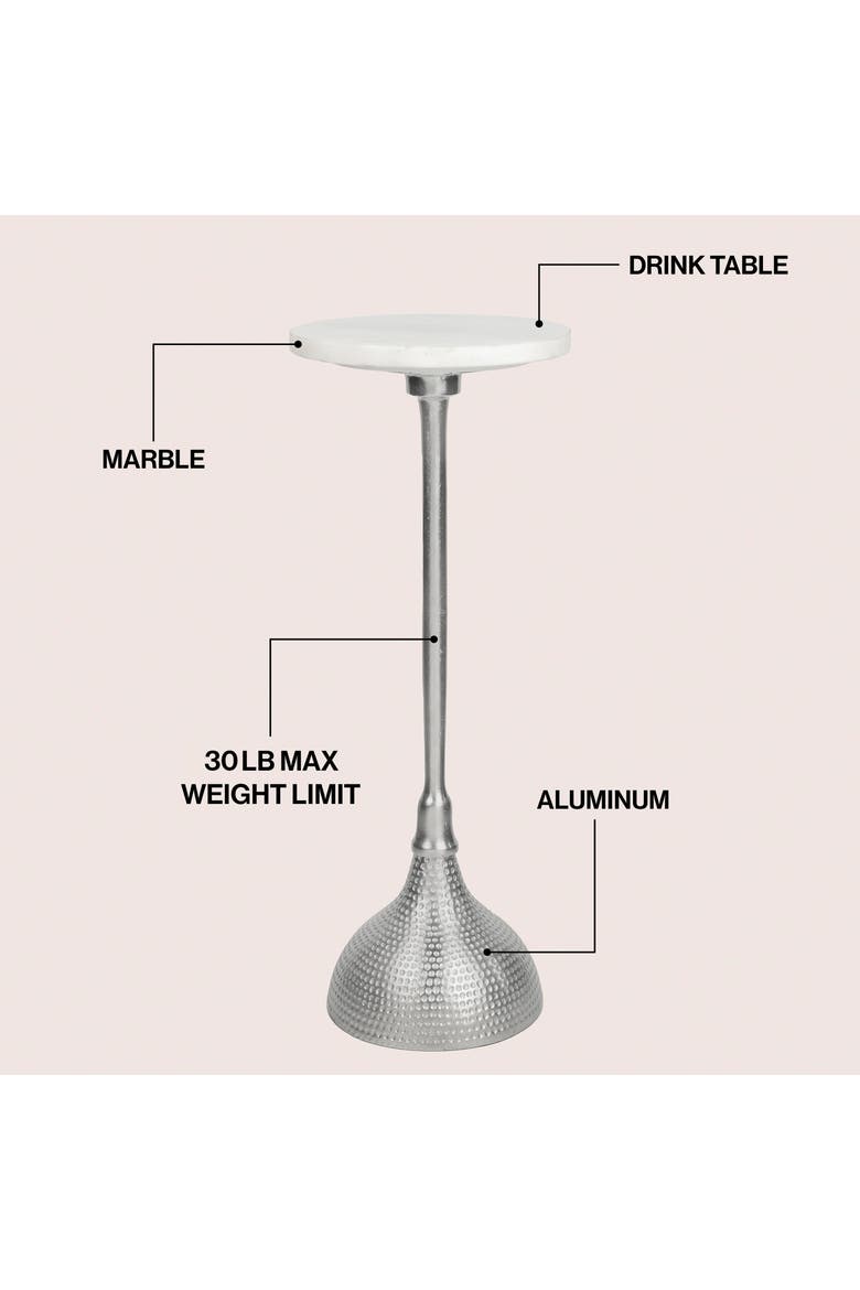 Ava Contemporary Round Marble Top Drink Table, Hammered Metal Pedestal Martini Accent Side Table, Alternate, color, Nickel