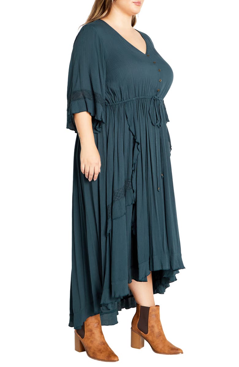 City Chic Rosie Lace Trim High-Low Maxi Dress, Alternate, color, Teal