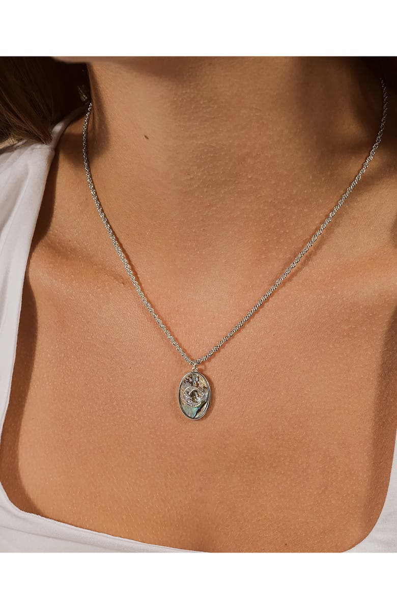 Sterling Forever Carrie Cubic Zirconia & Abalone Moon Pendant Necklace, Alternate, color, Silver