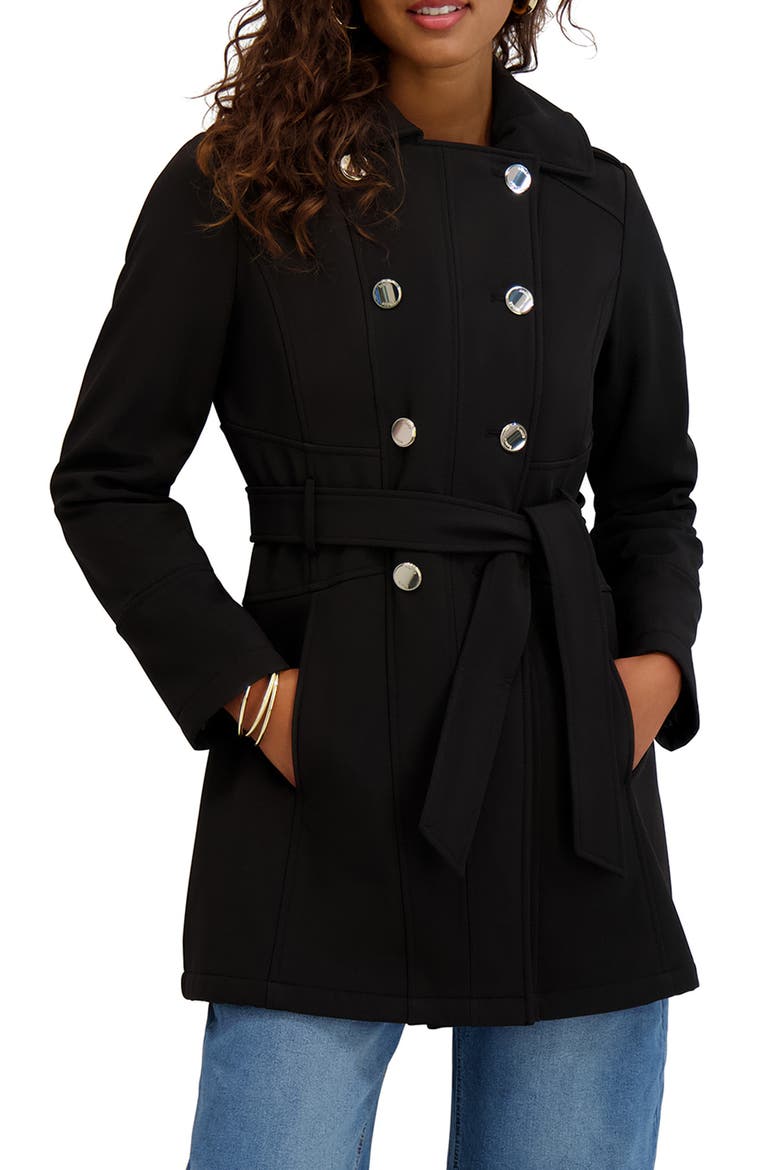 Hooded Double Breasted Soft Shell Jacket, Main, color, BLACK